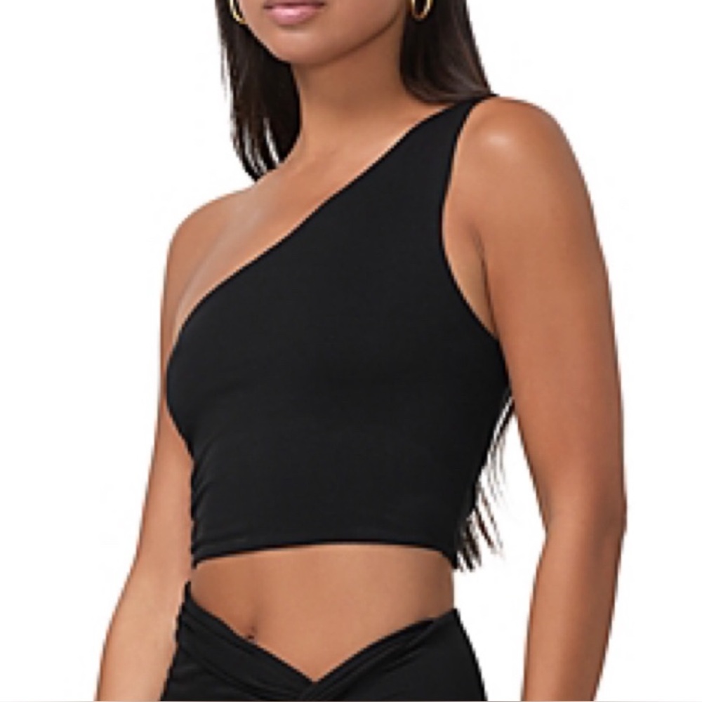 AFRM Noir One Shoulder Crop Top Asymmetric Stretch Knit Black Small NWT